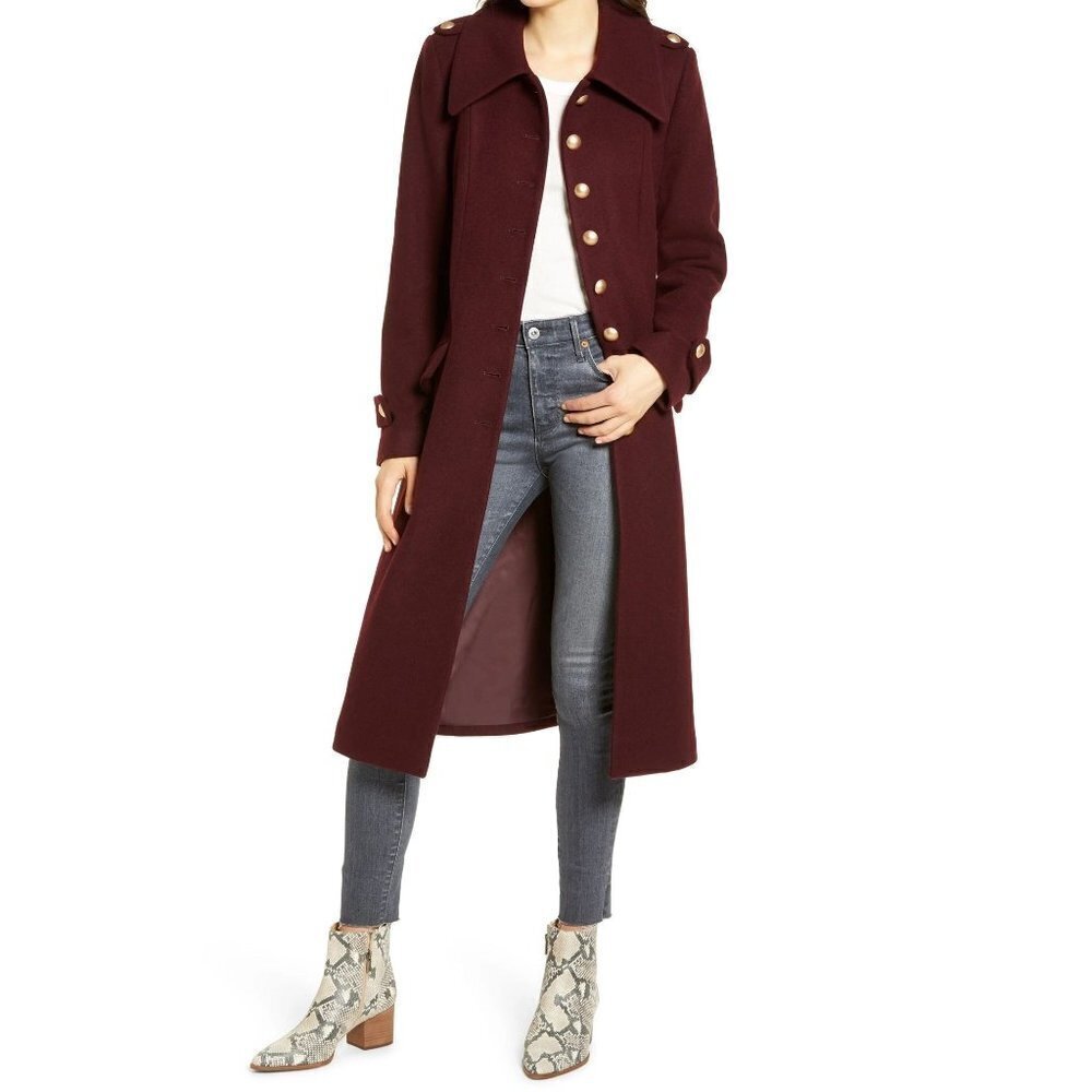 New Avec Les Filles Large Wool Blend Fit & Flare Coat Merlot Military Womens NWT
